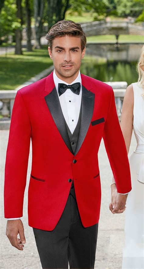 Mens Red Tuxedo With Black Satin Notch Lapel Mens Slim Fit Suits Groom