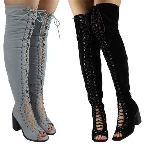 Womens Ladies Over The Knee Thigh High Heel Boots Long Lace Up Peeptoe