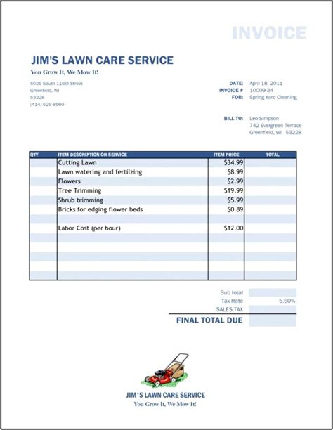 microsoft word  printable lawn care invoice template templates