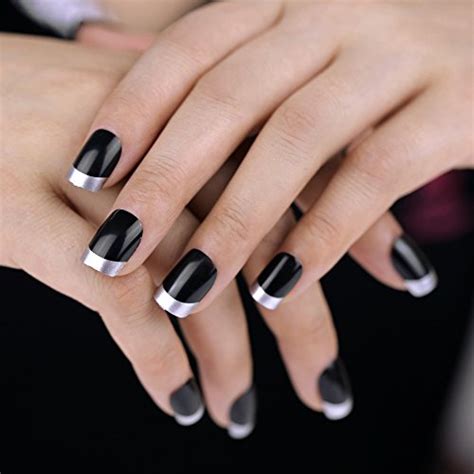 bling art false nails french manicure black silver full