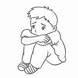 Sad Boy Cartoon Child Lonely Line Alone Drawing Sitting Student Vector Illustration Ideal Drawn Informational Kid Coloring Catalogs Stock Institutional sketch template