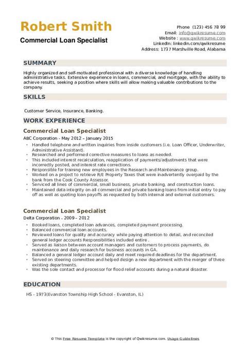 commercial loan specialist resume samples qwikresume