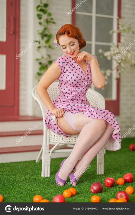 Beautiful Redheaded Pin Girl Sexy Pink Polka Dot Dress Vintage Stock