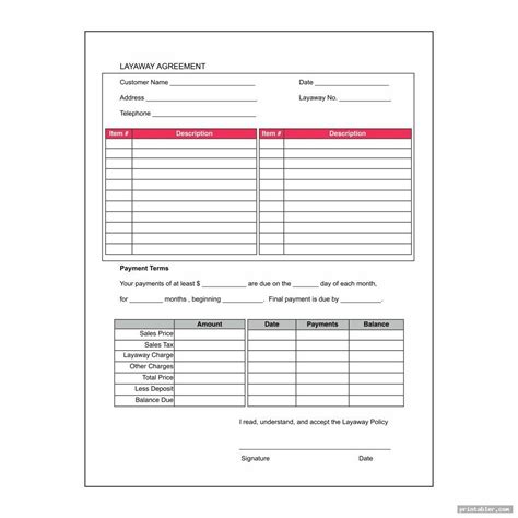 layaway agreement form printable printabler  printable layaway