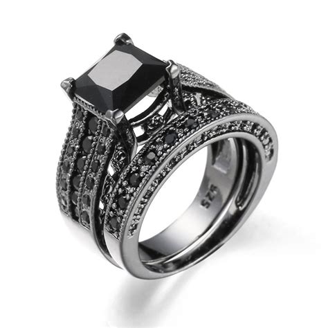 womens vintage black silver engagement wedding band ring set