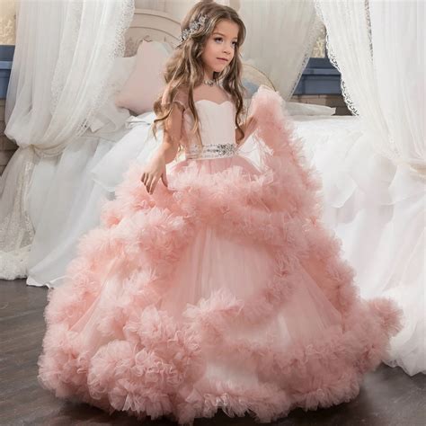 aibaowedding fancy puffy pink pageant dresses  girls long kids ball gowns vestido de tulle