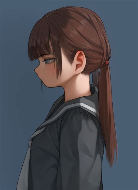 1girl absurdres brown hair closed mouth facing to the side grey eyes