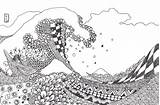 Wave Hokusai Zentangle Kanagawa Waves Tsunami Tangle Masterpieces sketch template