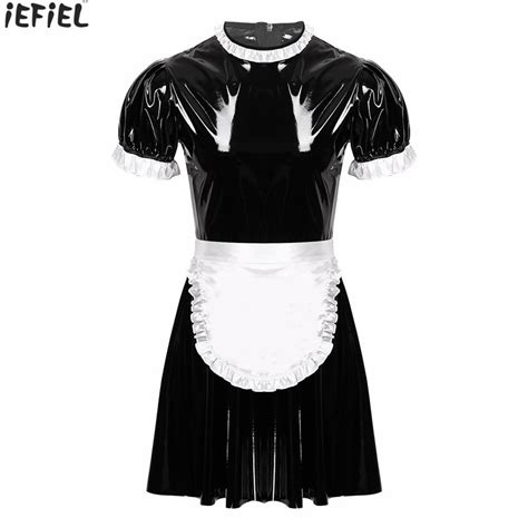 Mens Sissy Wet Look Patent Leather Maid Uniform Maid Cosplay Costume