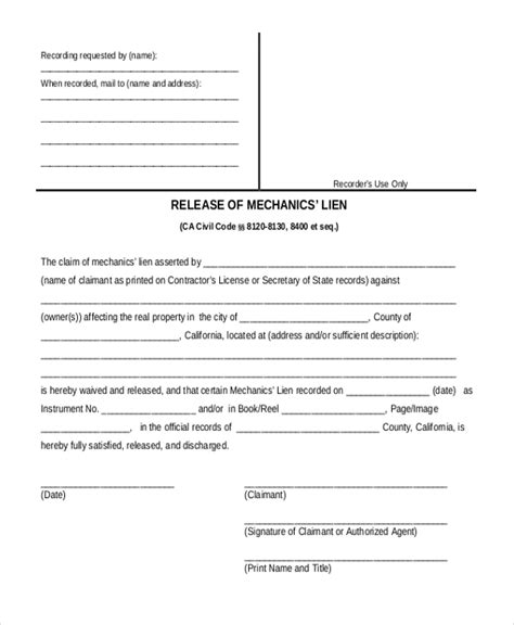 sample lien release forms   ms word