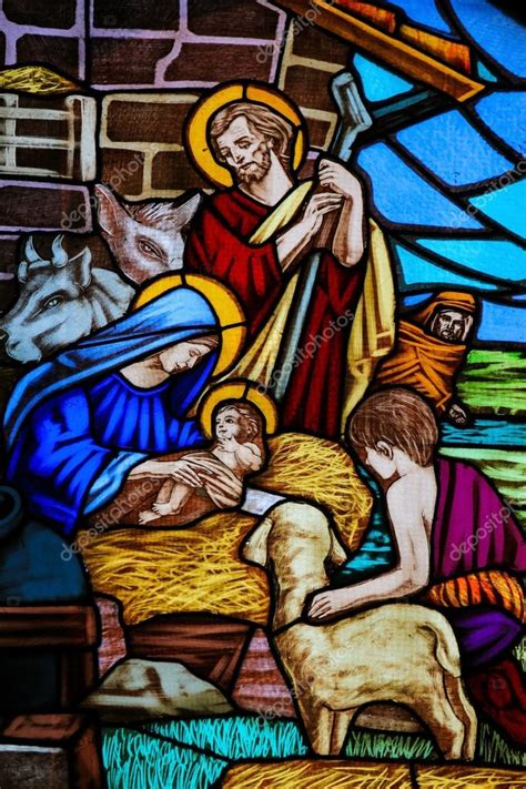 stained glass nativity scene  christmas stock editorial photo