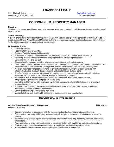 condomium property manager resume templates  allbusinesstemplatescom