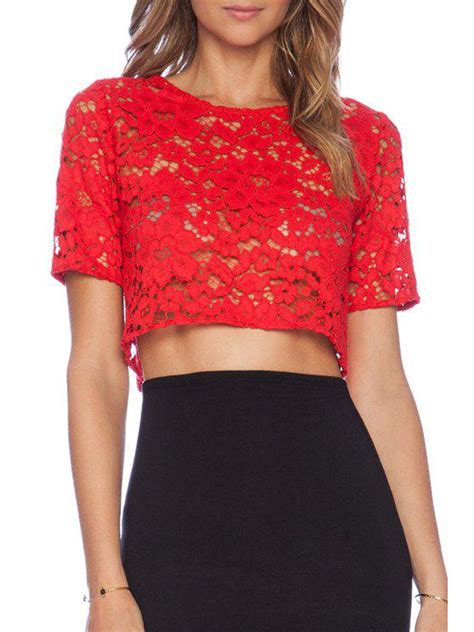 [17 Off] 2021 Jewel Neck Red Lace Short Sleeve Crop Top In Red Zaful