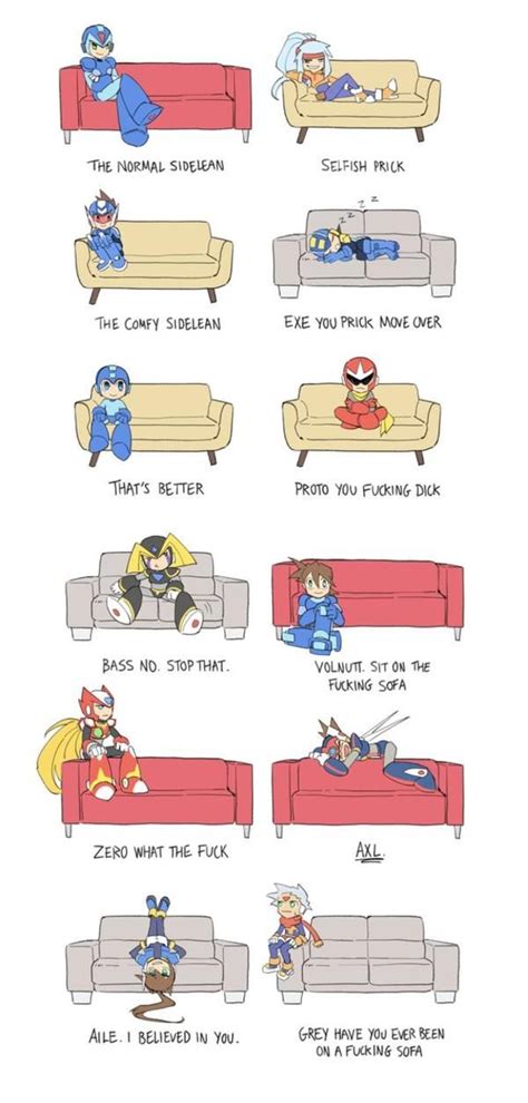how to sit on a sofa demonstrated by mega man characters mega man