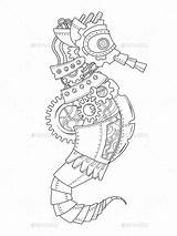 Steampunk Coloring Sea Style Book Horse Animal Drawing Seahorse Animals Pages Mechanical Drawings Graphicriver Tattoo Visit Choose Board sketch template