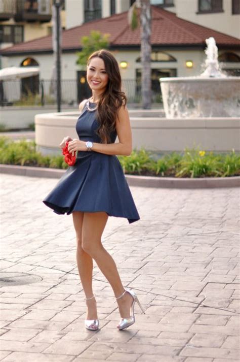 street style princess in a short blue skater dress and silver ankle strap high heels oh heel