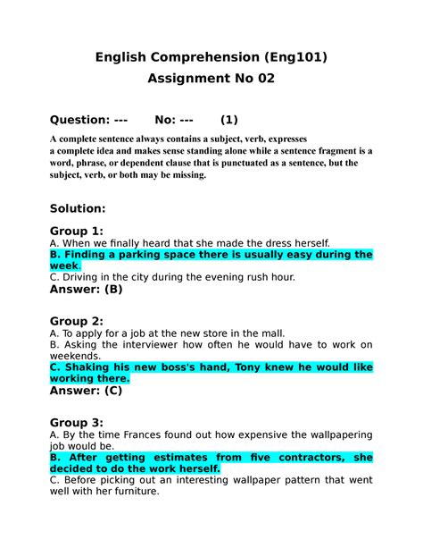 english  assignment   english comprehension eng