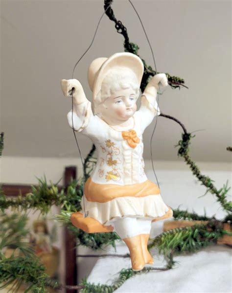 Antique German Bisque Porcelain Doll Swing Swinger Germany Gold Trimmed