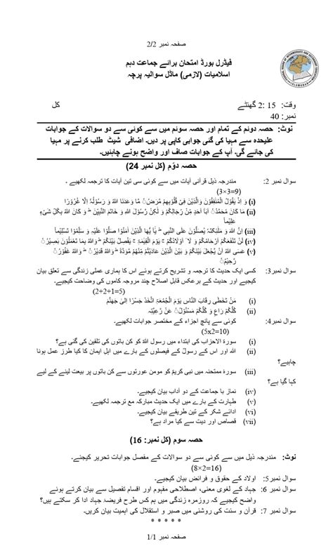 fbise class  islamiat model paper  pattern scheme  studies class  ssc ii exam