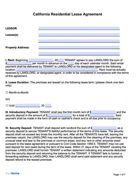california rental lease agreement templates  word