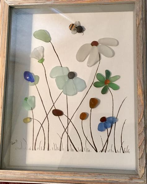 Genuine Sea Glass Framed Artwork Flowers Picture Bumble Bee Sea Glass