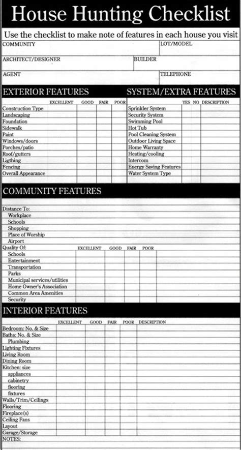 house hunting checklist    good checklist