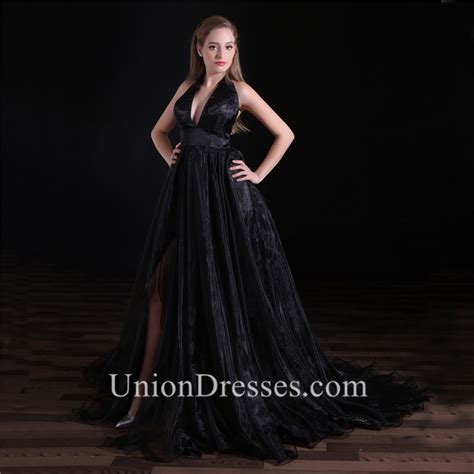 Sexy Halter Empire Waist Black Organza Occasion Prom Dress With Slit