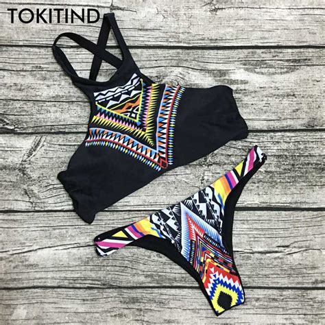 tokitind women bikinis high neck push up bikini set geometry black