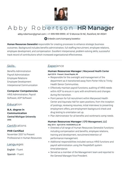 human resources manager resume  editable template  hr