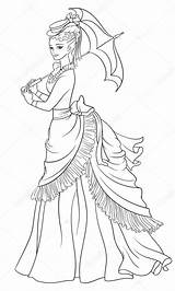 Victorian Lady Drawing Woman Line Coloring Umbrella Getdrawings sketch template