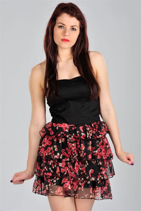 womens black mini party dress with floral skirt ladies brand new uk 8
