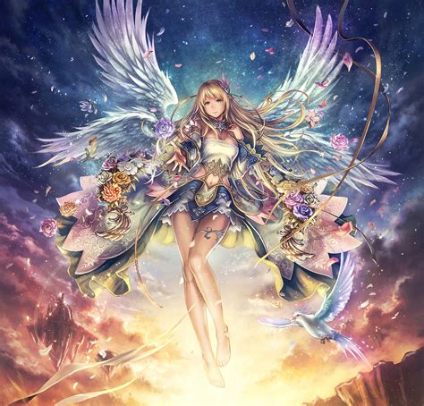 anime girls angels wings flowers wallpaper anime wallpaper