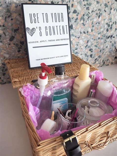 wedding bathroom basket  haves list  sign