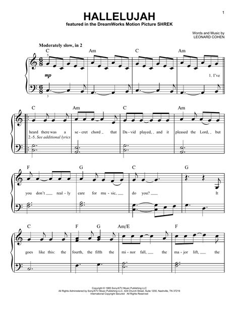 hallelujah sheet music leonard cohen easy piano