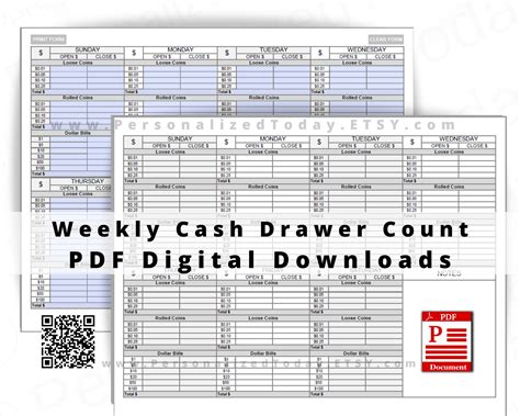 weekly cash register drawer count sheet fillable  print  etsy