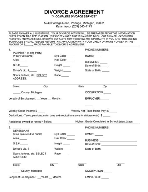 printable divorce agreement templates word