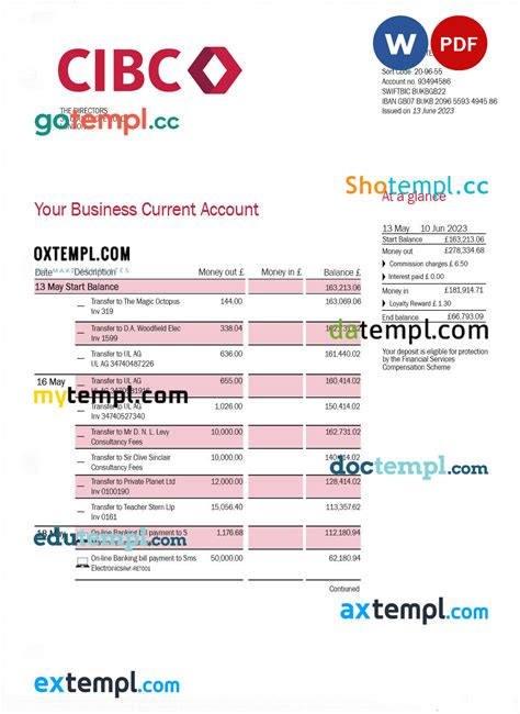 cibc bank company checking account statement word   template