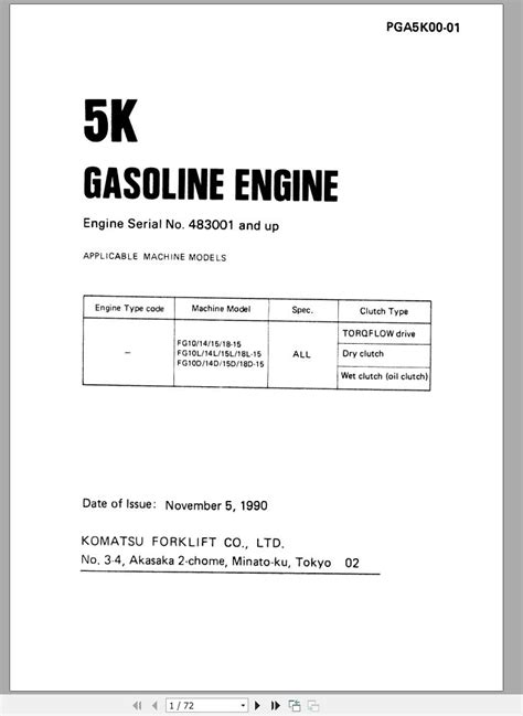 komatsu forklift truck fg  gasoline engine    parts manual pgak