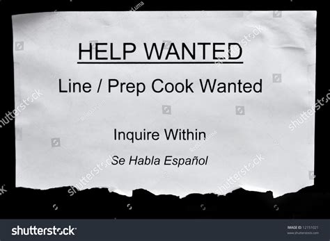 Printed Help Wanted Sign At The Restaurant Window Stock