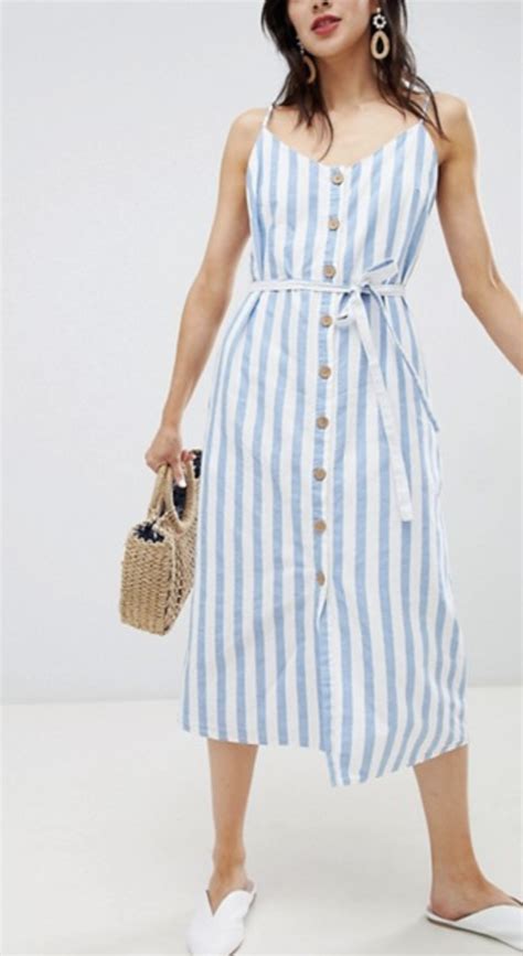 mango blue and white stripe cotton linen button down dress