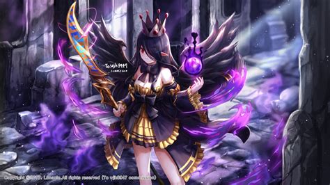 black hair bow breasts cleavage crown dress dungeon and fighter long