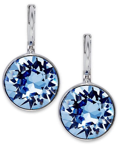lyst swarovski rhodium plated light sapphire crystal drop earrings  blue