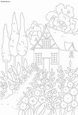 Cottages Coloring Pages Landscapes Needlecrafter Adults sketch template