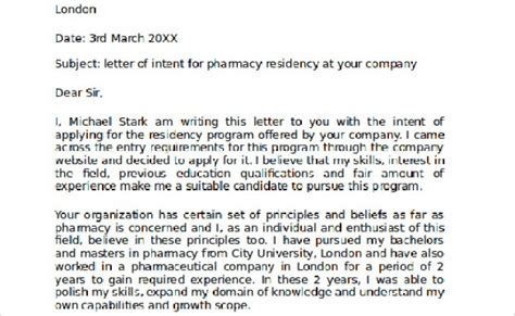 pharmacy residency letter  intent samples  ms word otosection