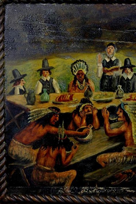 Antique American Folk Art Oil Painting First Thanksgiving Pilgrims