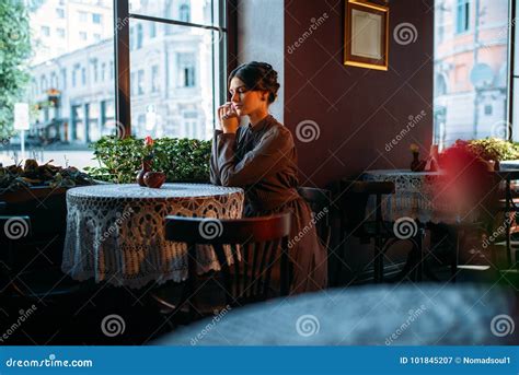 young beautiful retro lady  cafe stock image image  concept hand
