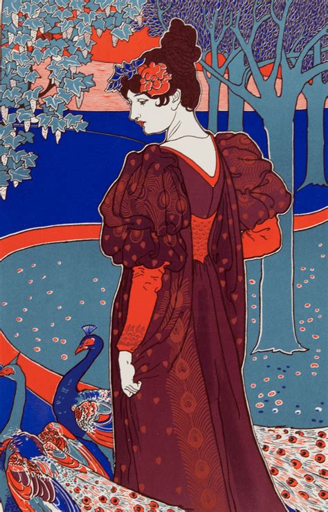 louis john rhead “woman with peacocks ” 1897 color lithograph stone