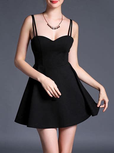 women s little black dress dual straps low cut flared skirt