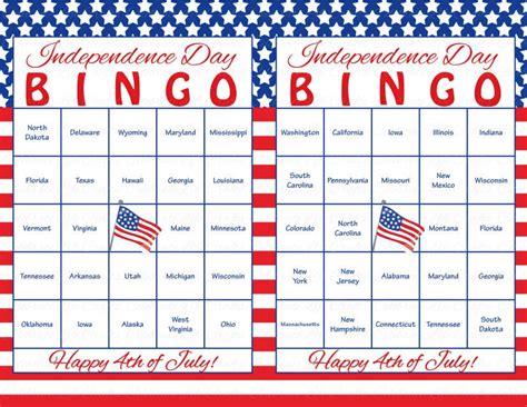 july printable bingo cards patriotic   states