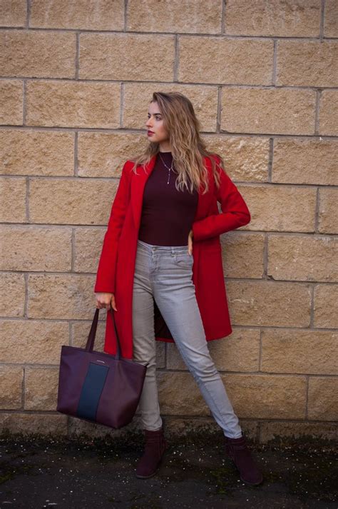 Red Coat With Burgundy Turtleneck And Boots Ideal For